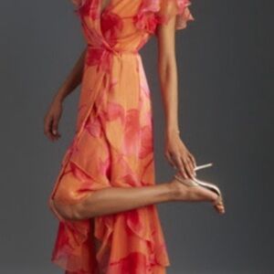 High-Low Floral Wrap Dress in Orange and Pink